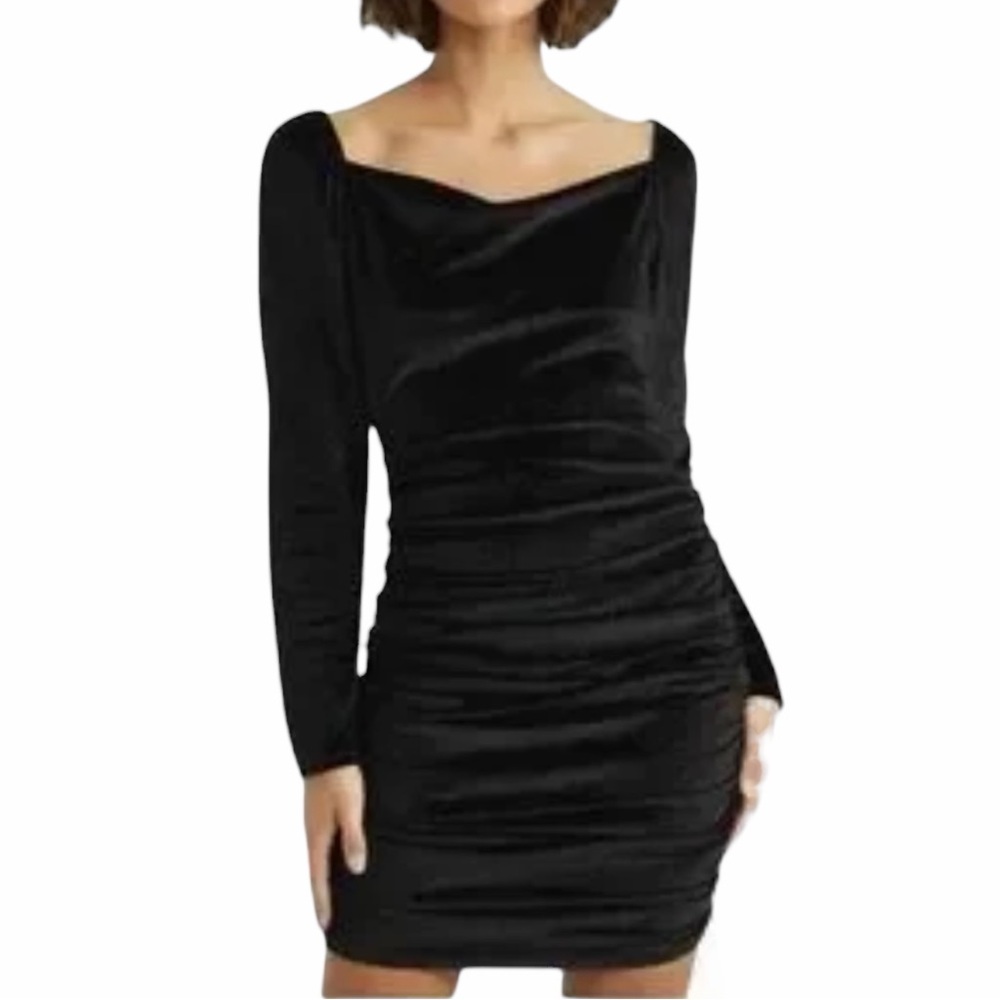 Altar'd State Black Mini Velvet sparkly ruched long sleeve Dress size Large